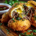 Golden fried Birria Bombs with melted cheese and tender meat, ready for dipping in consommé.