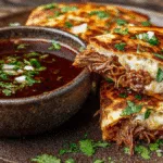 Golden brown Birria Quesadilla with melted cheese and birria beef, dipping into a bowl of rich red consommé, garnished with cilantro and onion on a rustic table.