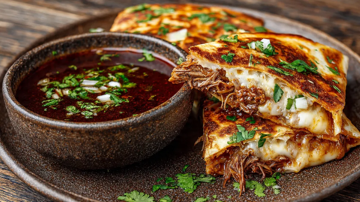 Golden brown Birria Quesadilla with melted cheese and birria beef, dipping into a bowl of rich red consommé, garnished with cilantro and onion on a rustic table.