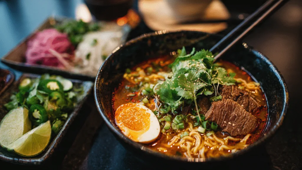 Close-up of Birria Ramen serving with chopsticks and fresh garnishes