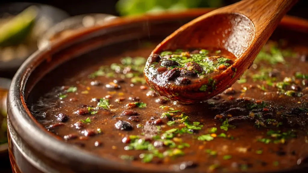 Bowl of homemade black bean soup garnished with cilantro and lime