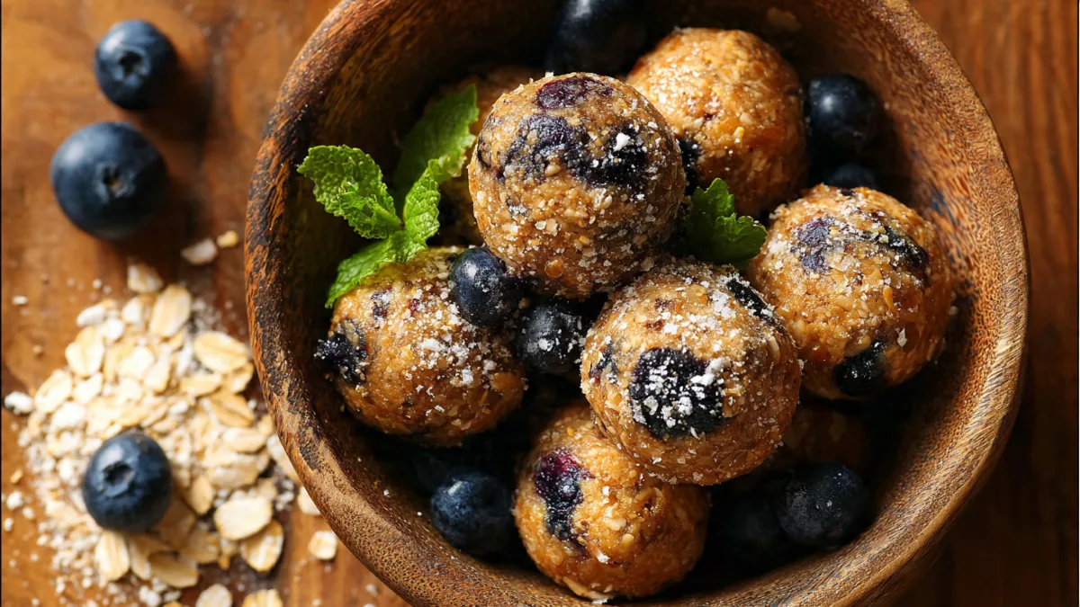 Delicious homemade blueberry muffin protein balls in a rustic bowl.