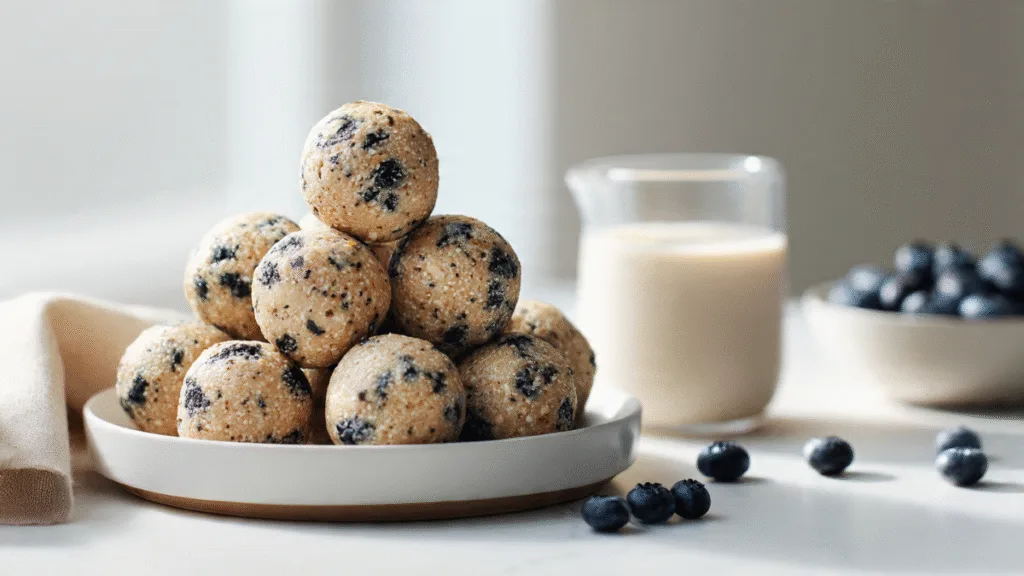 Plate of healthy blueberry muffin protein balls ready to be enjoyed.