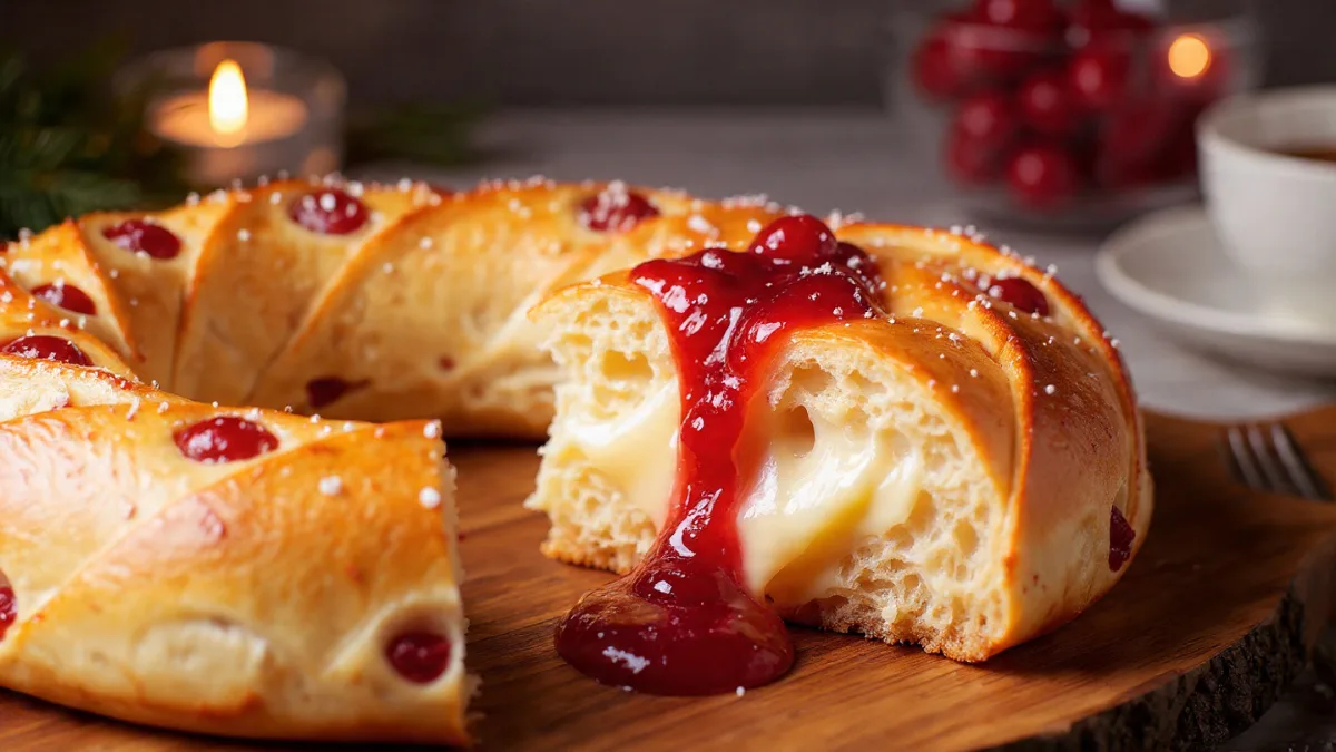 Warm Brie & Cranberry Wreath slice, melted cheese and cranberries