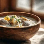 bowl of delicious buttery milky Maine clam chowder with a pat of melting butter.