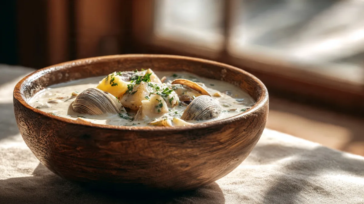 bowl of delicious buttery milky Maine clam chowder with a pat of melting butter.