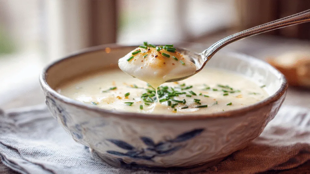 a bowl of creamy buttery milky Maine clam chowder, ready to be enjoyed.