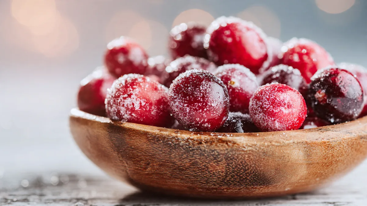 Candied Cranberries in a wooden bowl, glistening with sugar, perfect for holidays