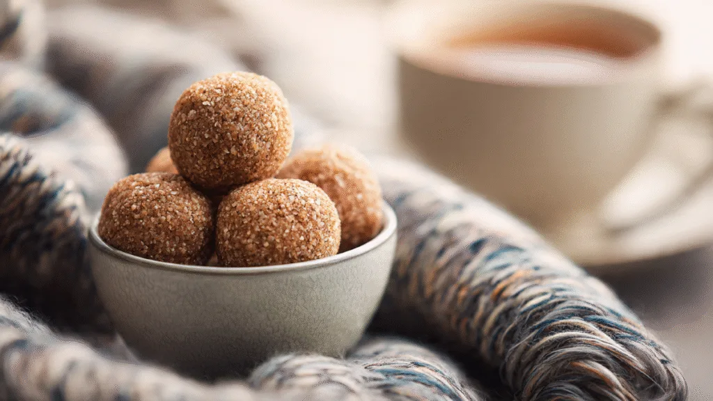 a homemade chai spice protein ball from a bowl, highlighting a healthy and comforting treat.