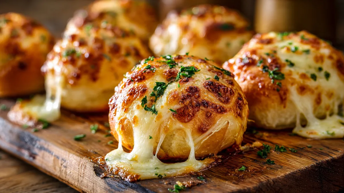 Golden brown cheesy garlic rolls with melted mozzarella and parsley.