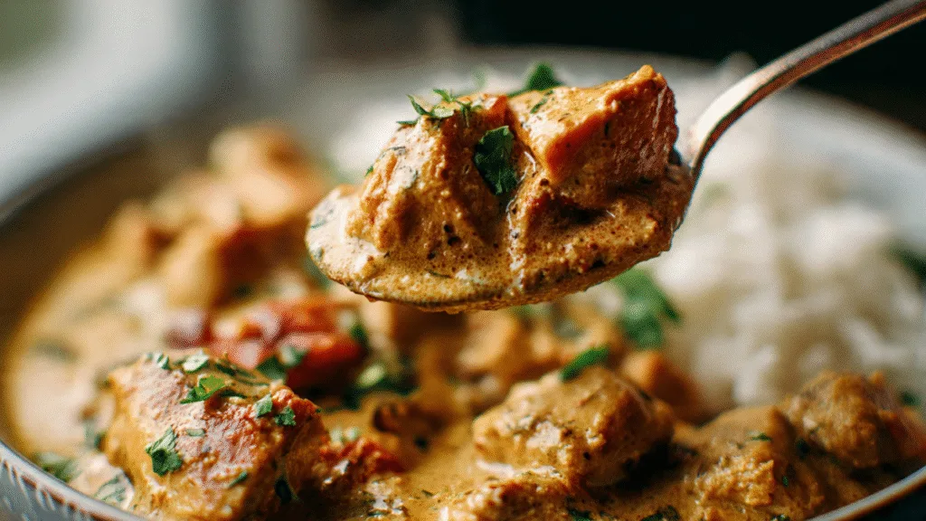 Close-up of a spoon serving rich Chicken Korma with Coconut Milk from a bowl.
