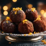 Chocolate Orange Christmas Truffles on a silver platter, dusted with cocoa and orange zest, festive holiday lights.