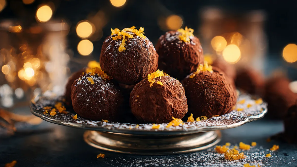 Chocolate Orange Christmas Truffles: Your New Holiday Obsession (Recipe Included!) Chocolate Orange Christmas Truffles Chocolate Orange Christmas Truffles on a silver platter, dusted with cocoa and orange zest, festive holiday lights.