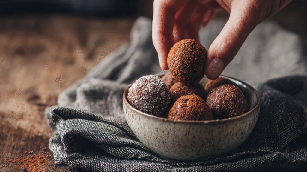 Hand picking a healthy chocolate peanut butter protein ball from a serving bowl