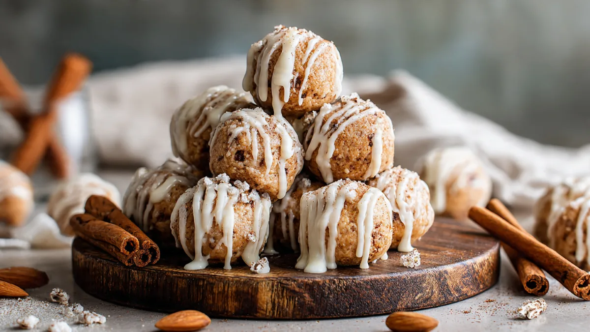 Delicious Cinnamon Roll Protein Balls with white chocolate drizzle