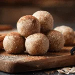 Cinnamon Vanilla Protein Balls stacked on a wooden board, dusted with cinnamon, with vanilla beans and cinnamon sticks in the background