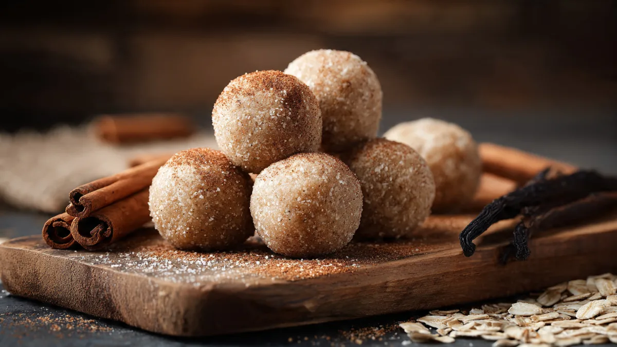 Cinnamon Vanilla Protein Balls stacked on a wooden board, dusted with cinnamon, with vanilla beans and cinnamon sticks in the background