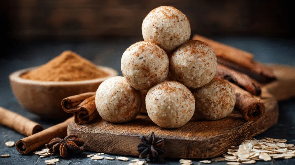  Cinnamon Vanilla Protein Balls stacked on a wooden board