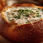 clam chowder in a rustic sourdough bread bowl, garnished with fresh herbs, perfect for a cozy meal.
