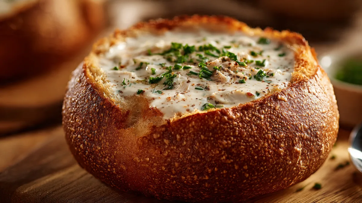 Clam Chowder in Sourdough Bread Bowl: Your Ultimate Comfort Food Guide Clam Chowder clam chowder in a rustic sourdough bread bowl, garnished with fresh herbs, perfect for a cozy meal.