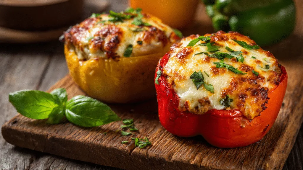 Vibrant and delicious Classic Turkey & Mozzarella Stuffed Peppers baked to golden perfection, garnished with fresh basil.