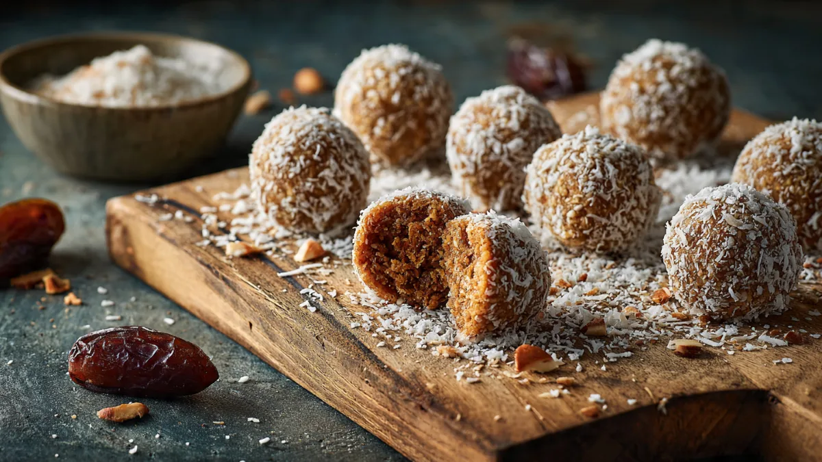 Delicious Coconut Date Balls, a healthy no-bake energy snack.