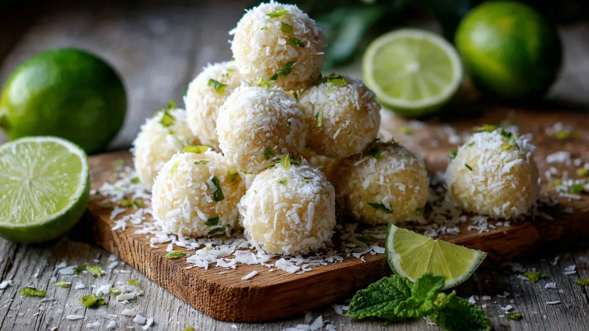 Delicious Coconut Lime Energy Balls topped with shredded coconut and lime zest