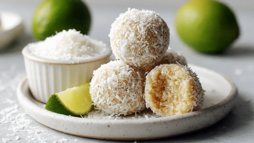Close-up of Coconut Lime Energy Balls showing interior texture and serving suggestion
