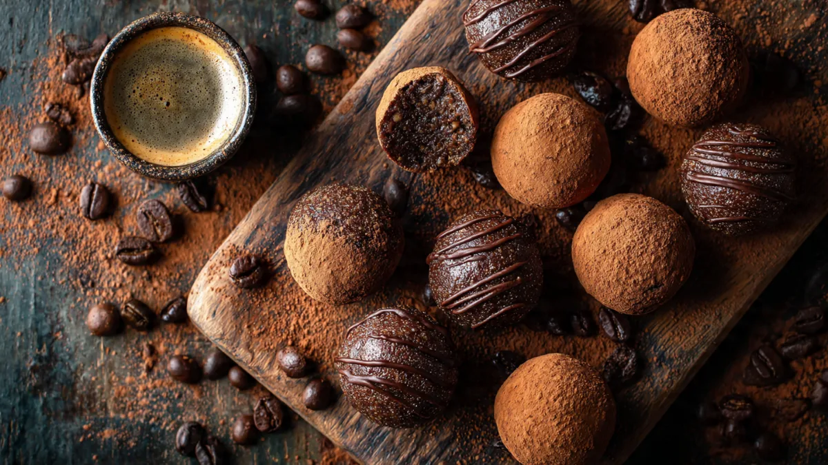 Delicious homemade coffee protein balls with coffee beans and espresso cup.