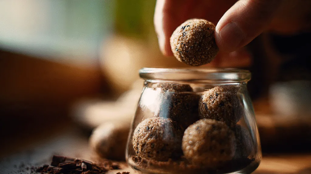 Hand reaching for healthy coffee protein balls from a glass jar.
