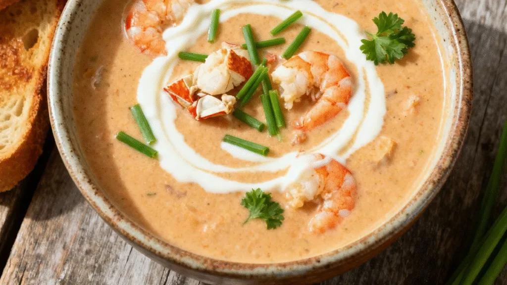 Creamy Crab and Shrimp Seafood Bisque in rustic bowl