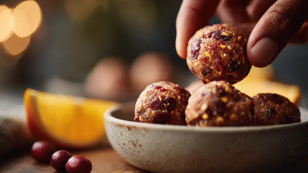 Close-up of Cranberry Orange Protein Balls being served