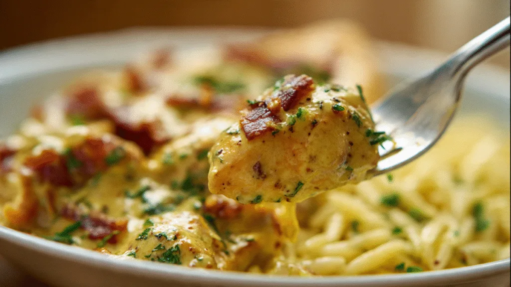 Serving of Creamy Banana Pepper Bacon Chicken with Orzo
