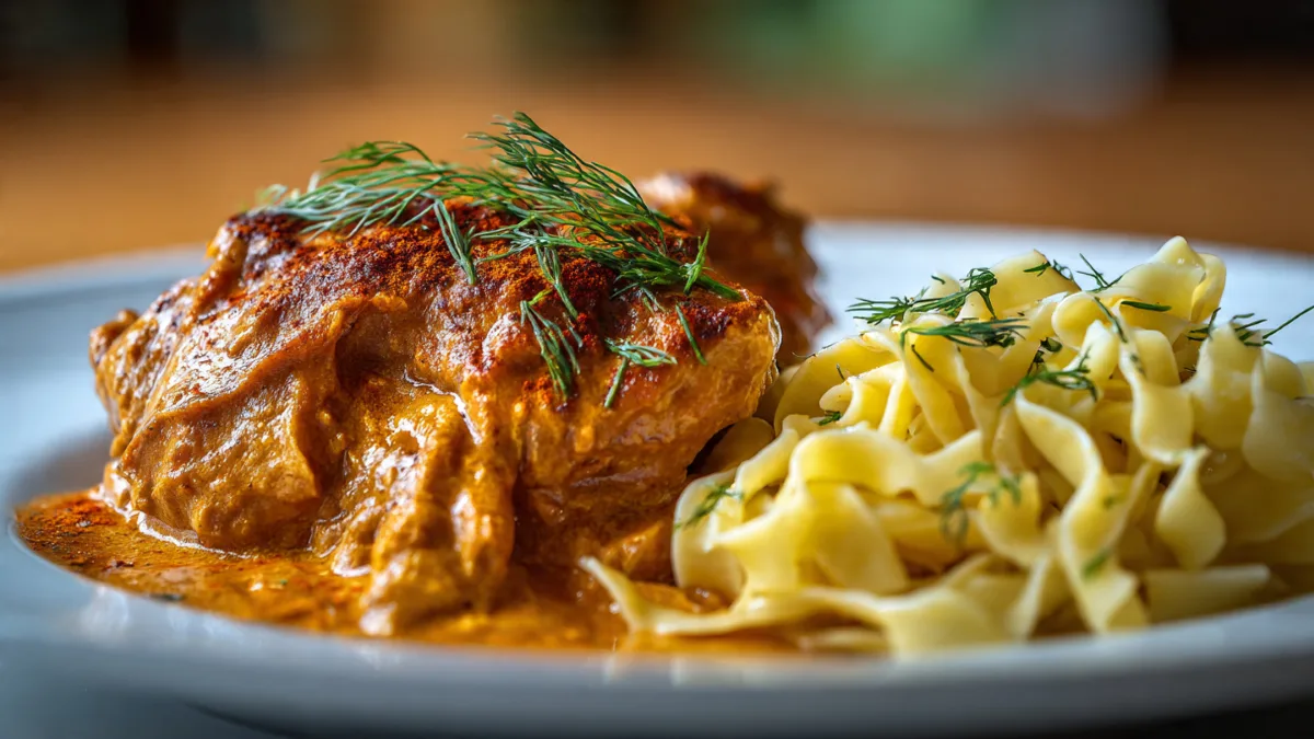 Creamy Boneless Chicken Paprikash Creamy Boneless Chicken Paprikash Creamy Boneless Chicken Paprikash served in a bowl, garnished with parsley and sour cream, on a rustic wooden table.