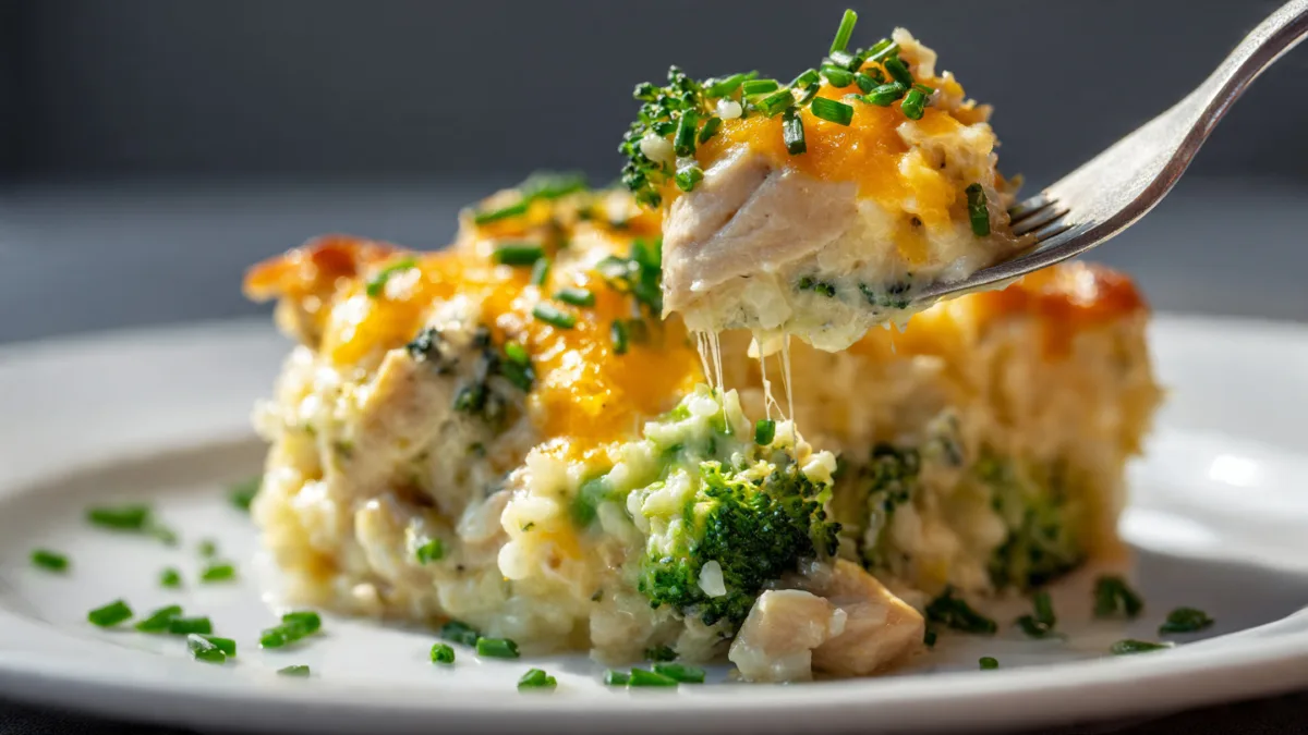 A delicious serving of Creamy Chicken Broccoli Rice Cheese Casserole on a plate