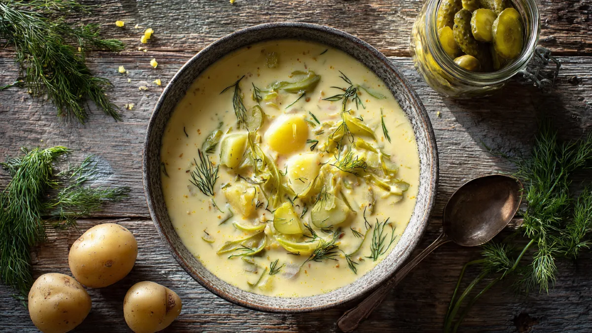Creamy Dill Pickle Potato Soup, garnished with fresh dill and pickle slices, served in a rustic bowl.
