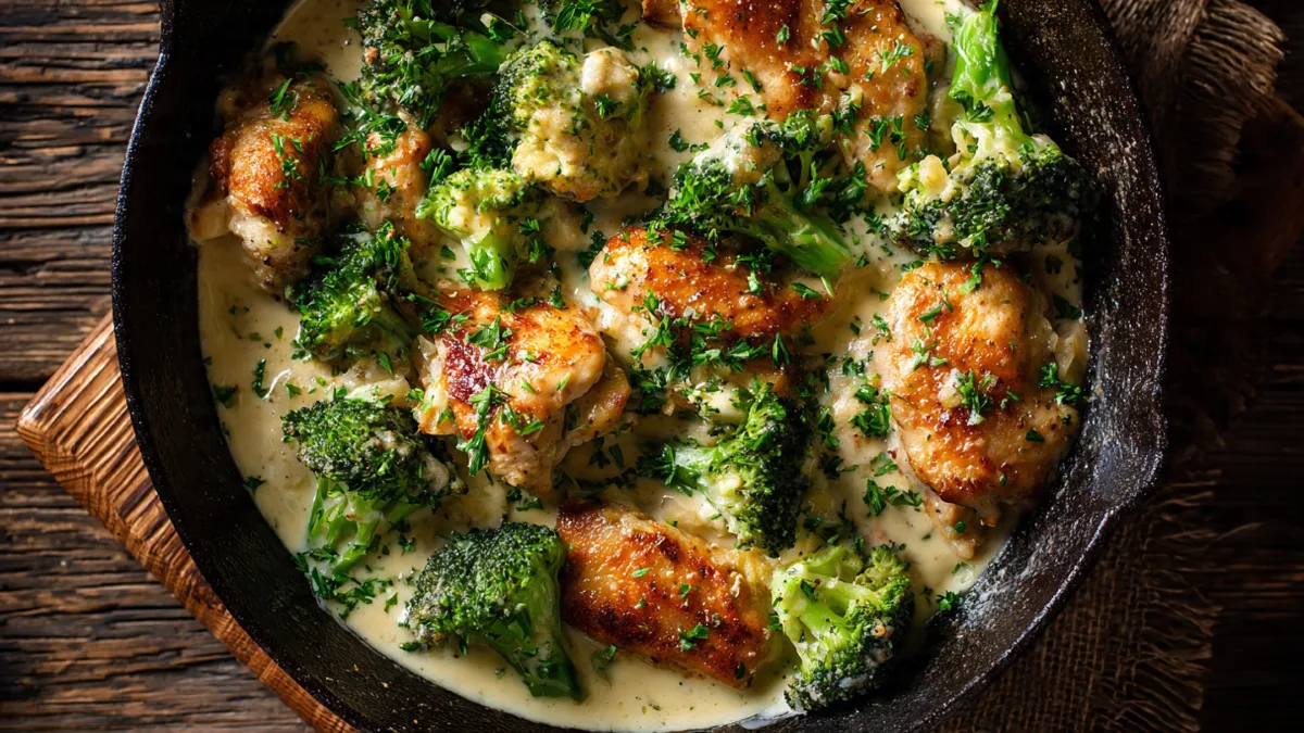 Delicious One-Pan: Creamy Garlic Chicken & Broccoli Skillet – Quick & Easy Dinner! Broccoli Skillet Creamy Garlic Chicken and Broccoli Skillet – golden chicken, vibrant broccoli, rich cream sauce.