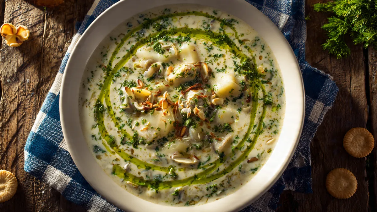 Creamy New England clam chowder with poblano pepper kick, overhead view, garnished with cilantro, on a wooden table.