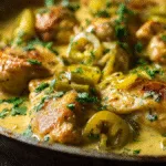 Creamy Pepperoncini Chicken Skillet with golden chicken and creamy sauce.