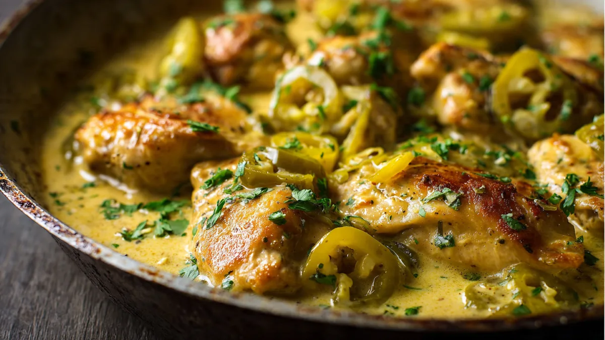 Creamy Pepperoncini Chicken Skillet with golden chicken and creamy sauce.