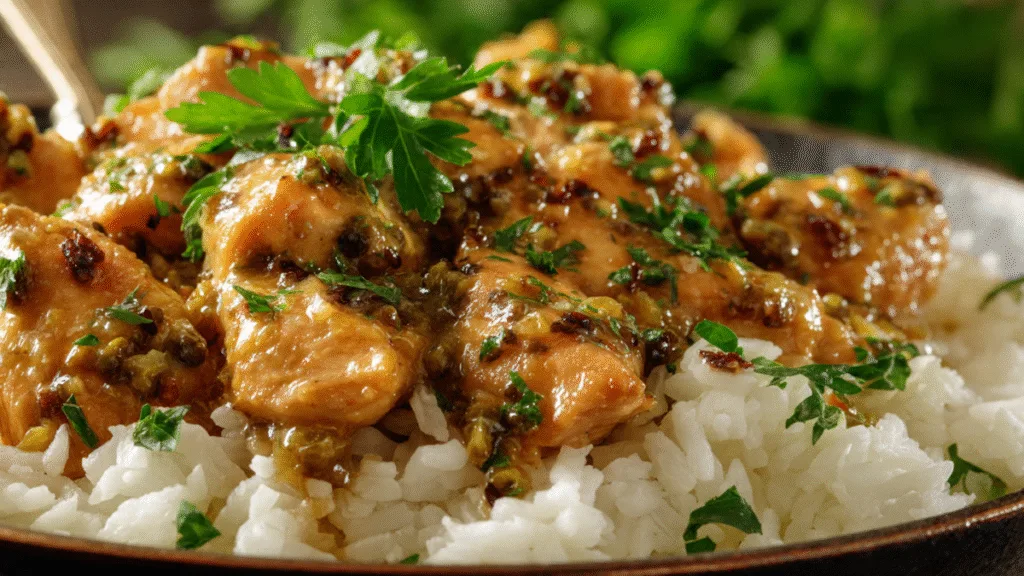 Serving of Creamy Pepperoncini Chicken Skillet over rice with parsley garnish.