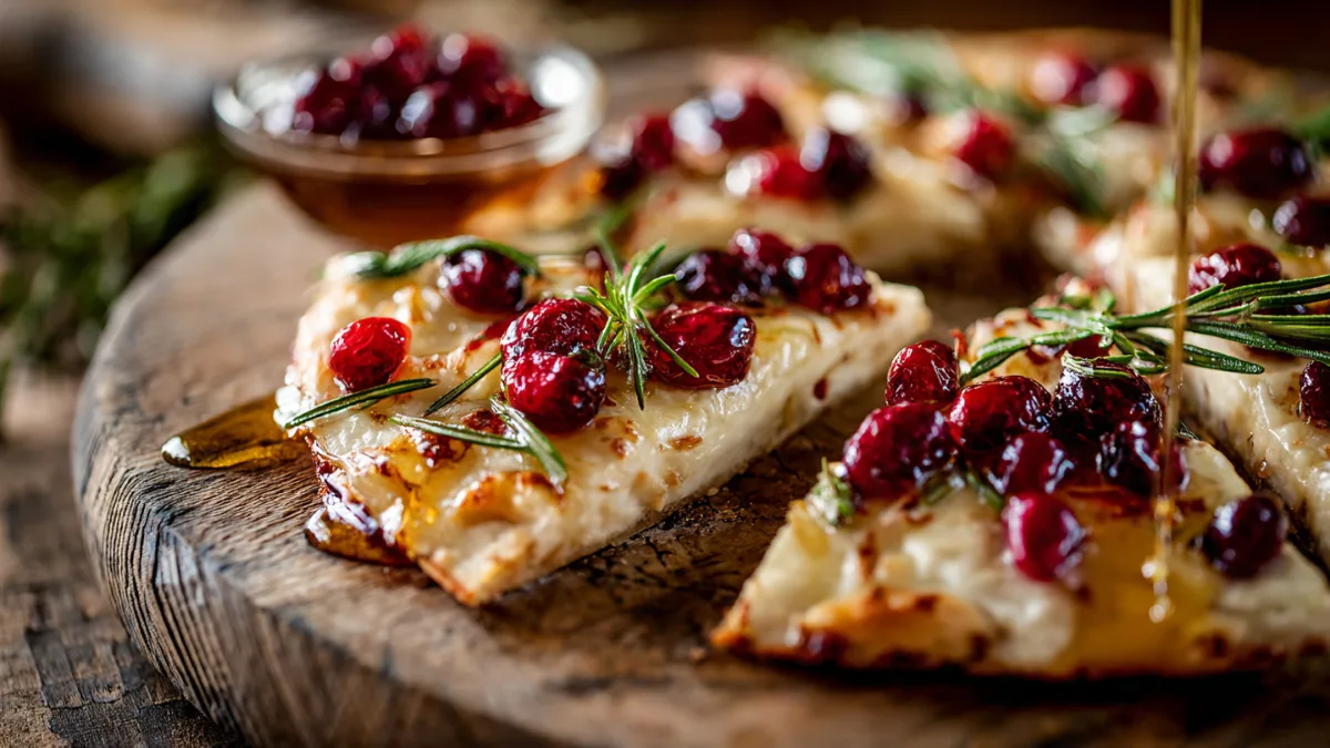 * **SEO Alt Text:** Crispy Brie Flatbread with Cranberries, garnished with rosemary and honey, on a wooden serving board.