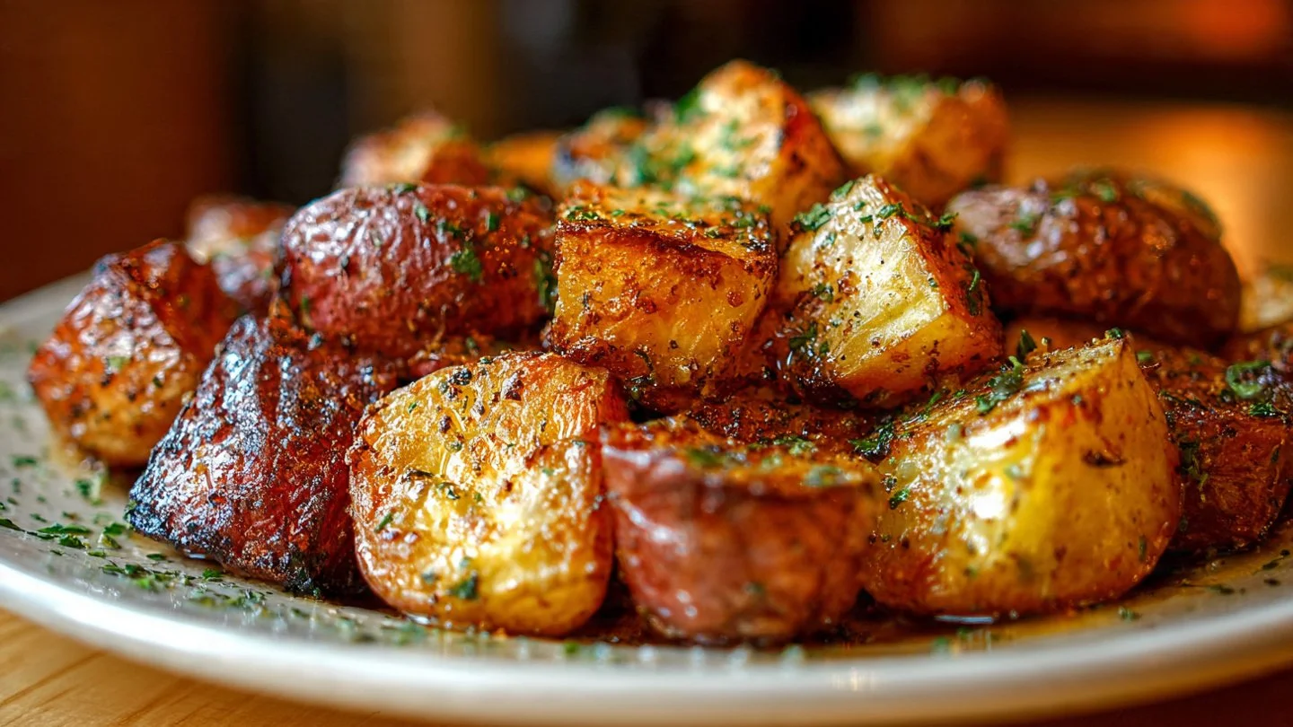 Crispy roasted red potatoes served on a plate, garnished with herbs.