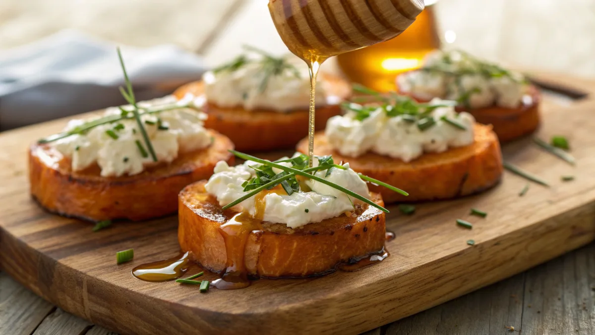 Crispy Sweet Potato Rounds with Creamy Goat Cheese appetizer on a rustic wooden board.