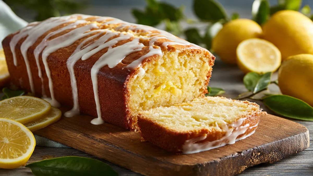 Lemon Loaf Recipe: Your Zesty Escape from the Ordinary Lemon Loaf Easy homemade lemon loaf recipe with glaze, fresh lemons, and leaves on a wooden board.