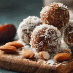 Easy Oat-Free Protein Balls with Dates arranged on a wooden board, showcasing healthy ingredients like dates and almonds