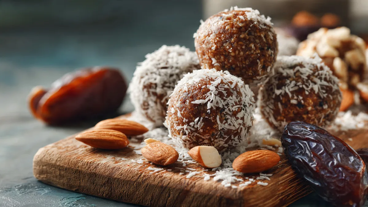 Protein Balls: Guilt-Free & Delicious Oat-Free Bites for Healthy Snacking! Oat-Free Protein Balls Easy Oat-Free Protein Balls with Dates arranged on a wooden board, showcasing healthy ingredients like dates and almonds