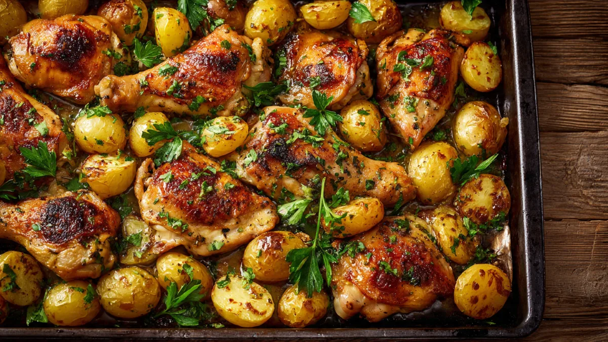 Easy one-pan garlic butter chicken and potatoes, golden brown and garnished with parsley, fresh from the oven on a sheet pan.
