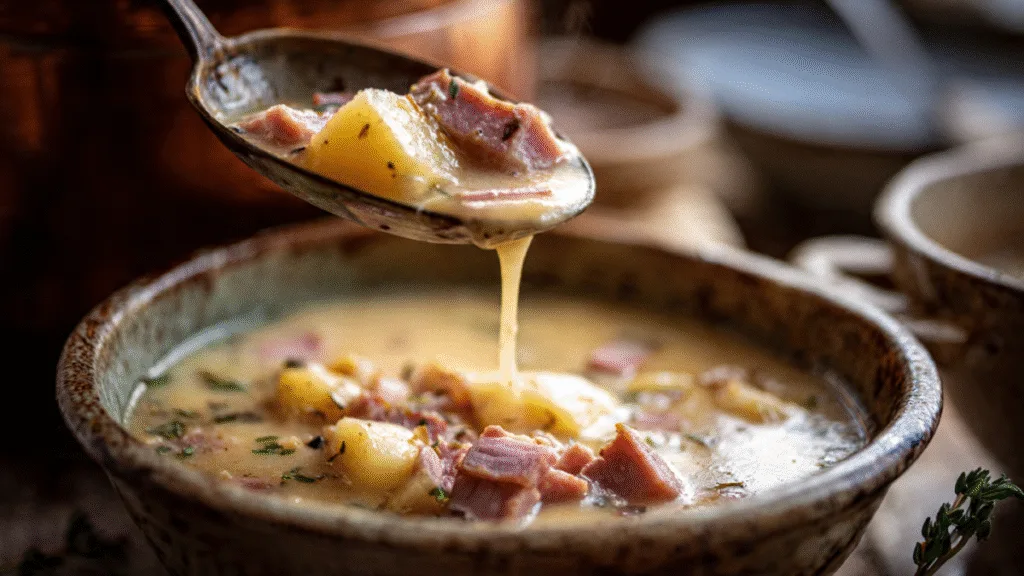 Easy One-Pot Ham & Potato Soup: Your New Favorite Comfort Meal! One-Pot Ham Ladling creamy Easy One Pot Ham and Potato Soup into a serving bowl, showing ham and potato chunks.
