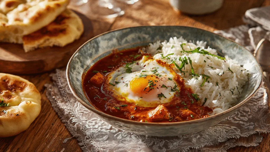 Deliciously plated Indian Egg Curry served with basmati rice and naan bread, ready to be enjoyed.